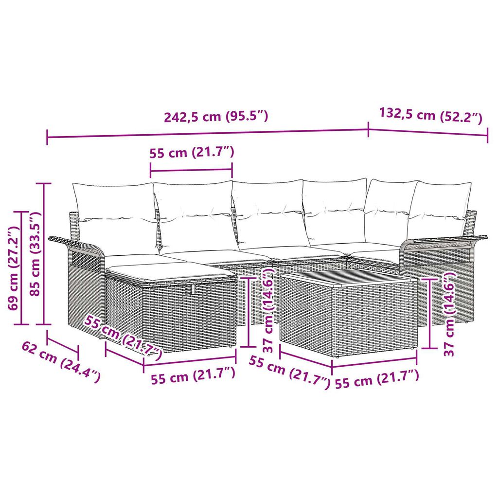 vidaXL Σετ Καναπέ Κήπου με μαξιλάρι 7 pcs Γκρι Πολυ ράταν