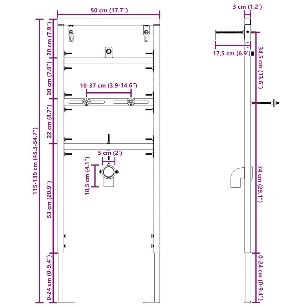 vidaXL Κρυφή Στήριξη για Ουρητήριο 50x115-139 εκ Ατσάλι
