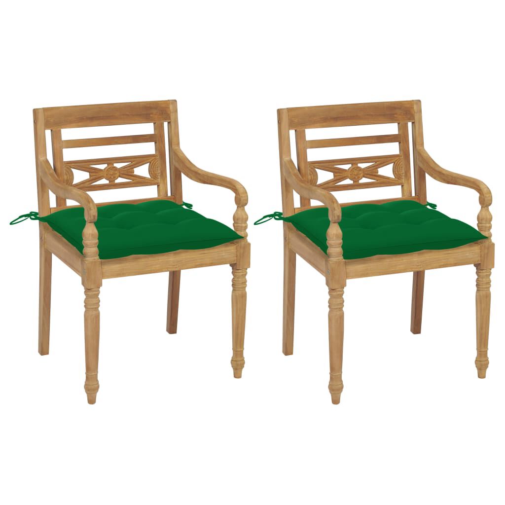 vidaXL Καρέκλες Batavia 2 τεμ. από Μασίφ Ξύλο Teak & Πράσινα Μαξιλάρια