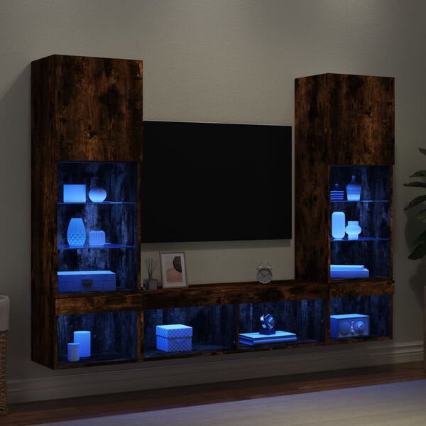 vidaXL Έπιπλα Τοίχου Τηλεόρασης 5 τεμ LED Καπνιστή Δρυς από Επεξ. Ξύλο