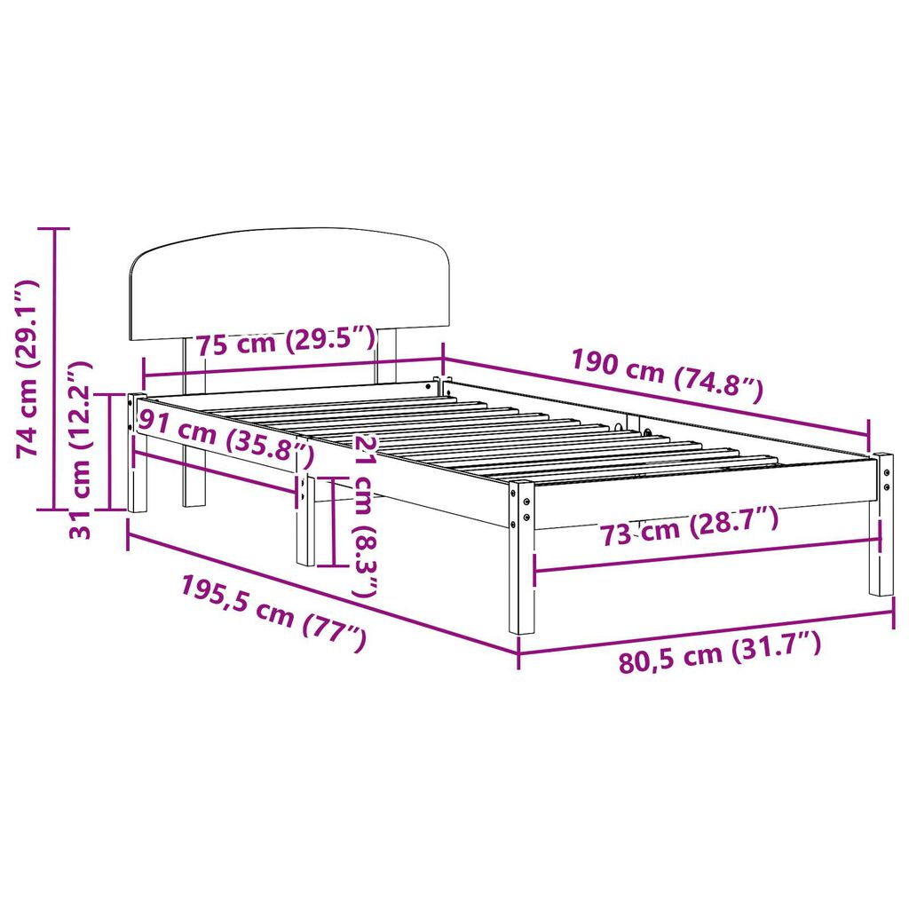 vidaXL Σκελετός Κρεβατιού Λευκό 75 x 190 cm Μασίφ ξύλο πεύκου