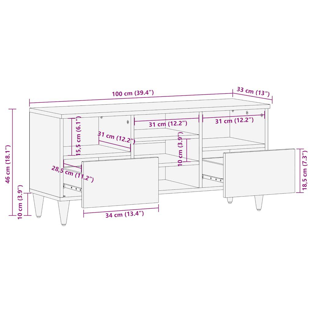 vidaXL Έπιπλο Τηλεόρασης Μαύρο 100 x 33 x 46 εκ. από Μασίφ Ξύλο Μάνγκο