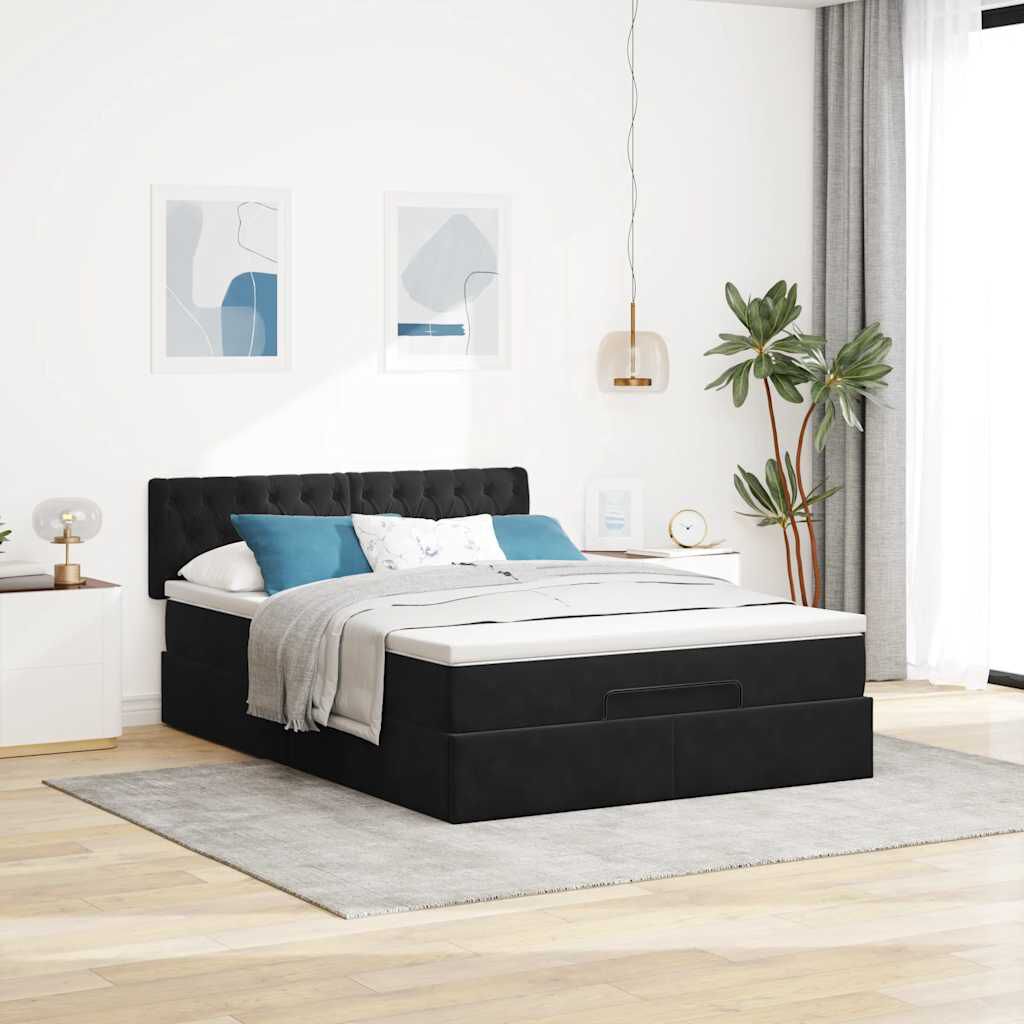 vidaXL Οθωμανικό κρεβάτι με στρώμα & LEDs Μαύρο 140x190cm Velvet