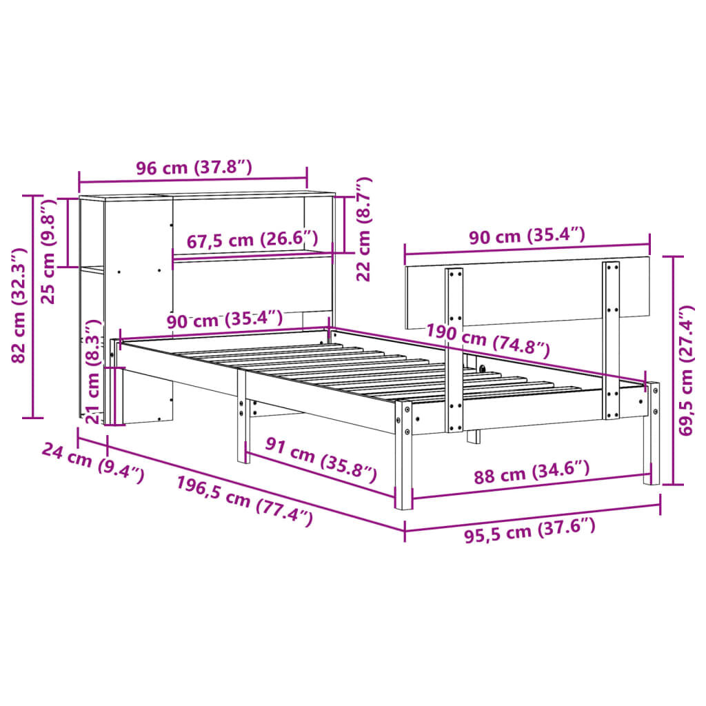vidaXL Κρεβάτι Βιβλιοθήκη Χωρίς Στρώμα 90x190 εκ Μασίφ Ξύλο Πεύκου