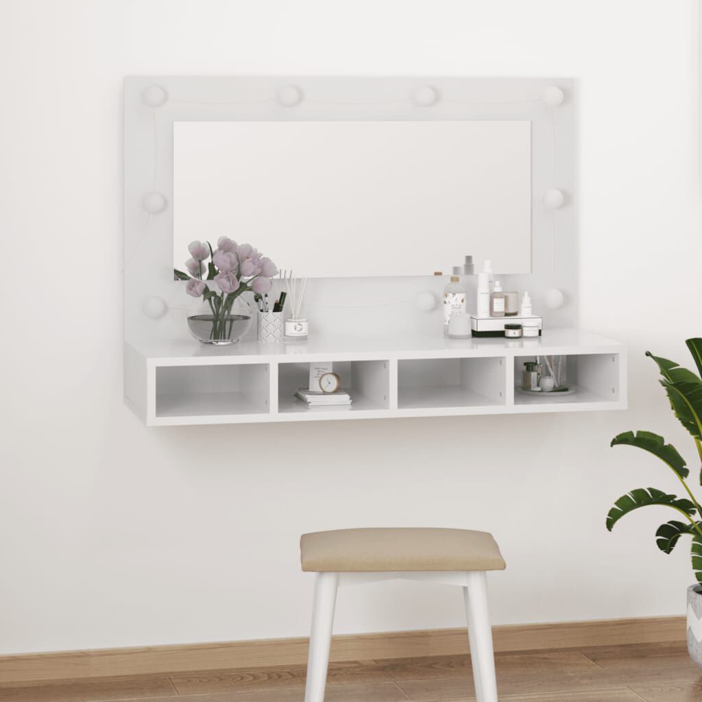 vidaXL Έπιπλο Καθρέπτη με LED Γυαλιστερό Λευκό 90 x 31,5 x 62 εκ.