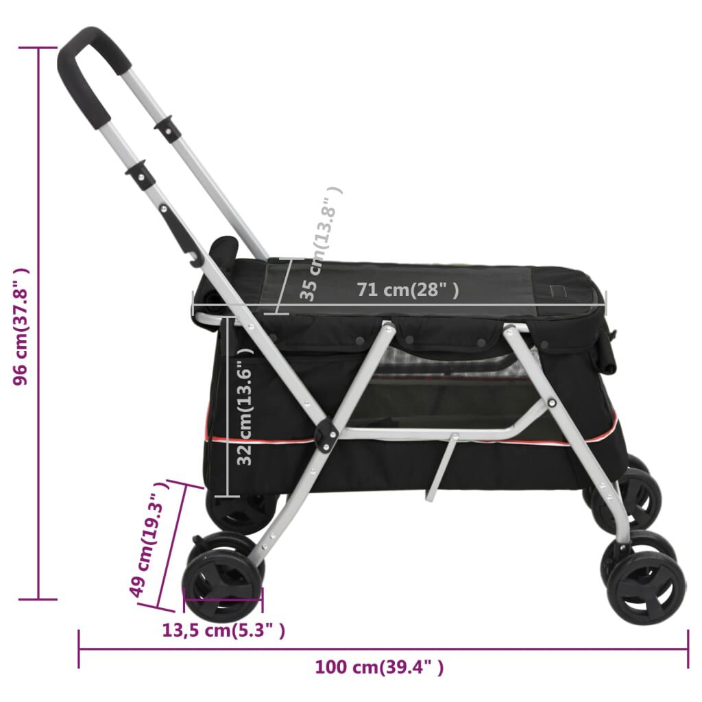 vidaXL Καρότσι Σκύλου Πτυσσόμενο Μαύρο 100 x 49 x 96 εκ. Λινό Ύφασμα