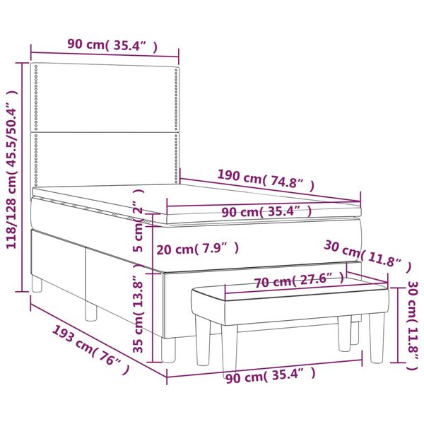 vidaXL Κρεβάτι Boxspring με Στρώμα Μαύρο 90x190 εκ.Υφασμάτινο