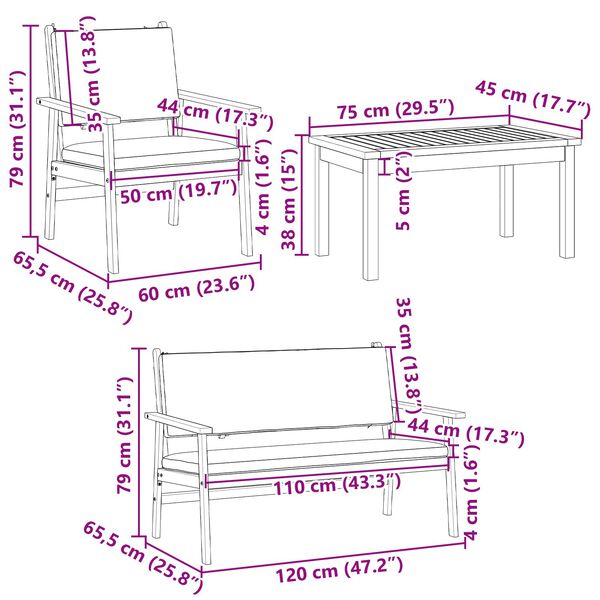 vidaXL Σετ Καναπέ Κήπου 4 pcs Καφέ 75 x 45 x 38 εκ. Μασίφ ξύλο ακακίας