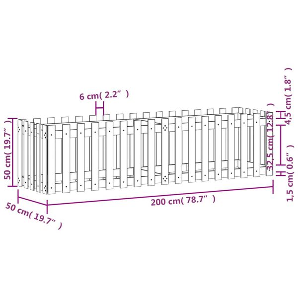 vidaXL Ζαρντινιέρα Υπερυψωμένη Σχ Φράχτη 200 x 50 x 50 εκ. Μασίφ Πεύκο