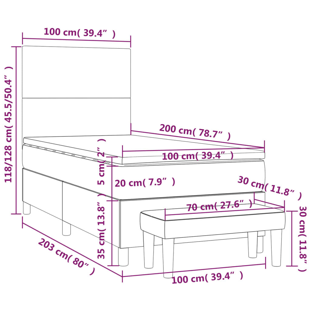 vidaXL Κρεβάτι Boxspring με Στρώμα Σκούρο Γκρι 100x200 εκ. Βελούδινο