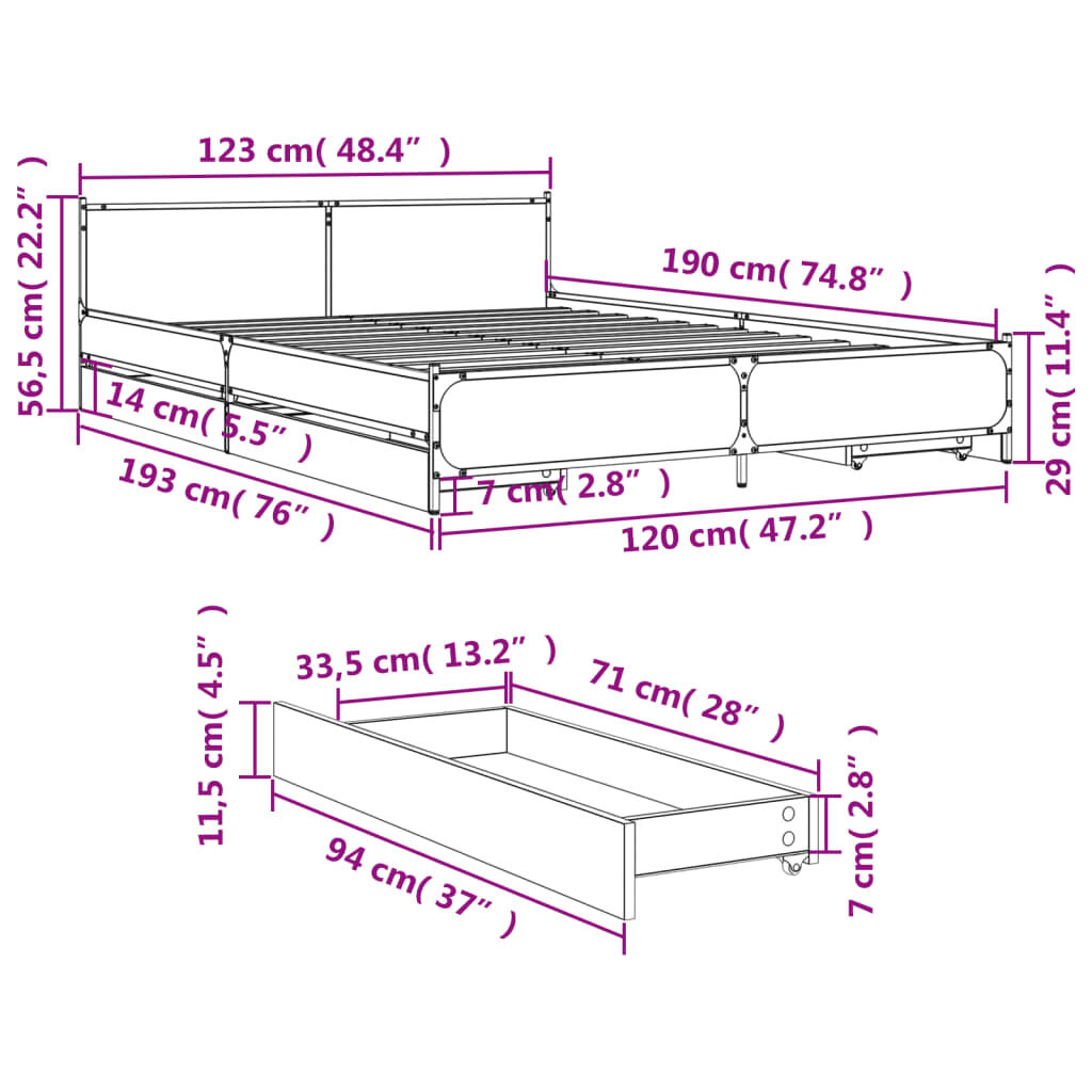 vidaXL Πλαίσιο Κρεβατιού με συρτάρια Sonoma Δρυς 120x190εκ. Επεξ. Ξύλο