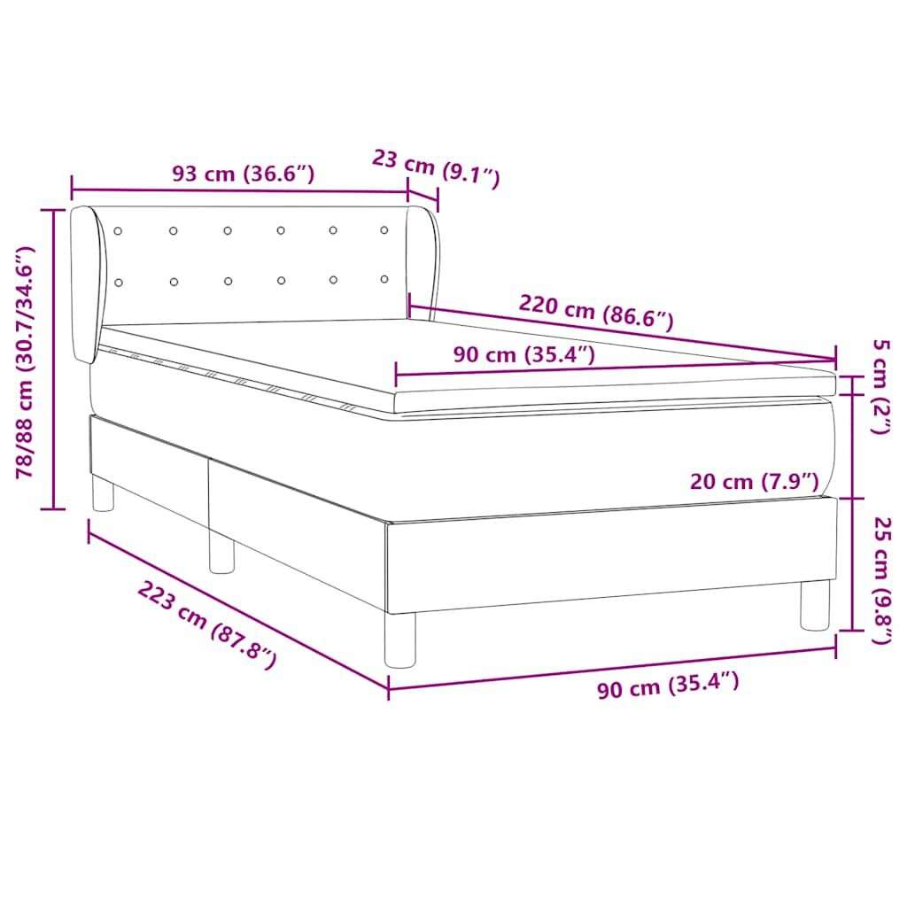 vidaXL Κρεβάτι Boxspring με Στρώμα Ροζ 90x220 εκ. Βελούδινο