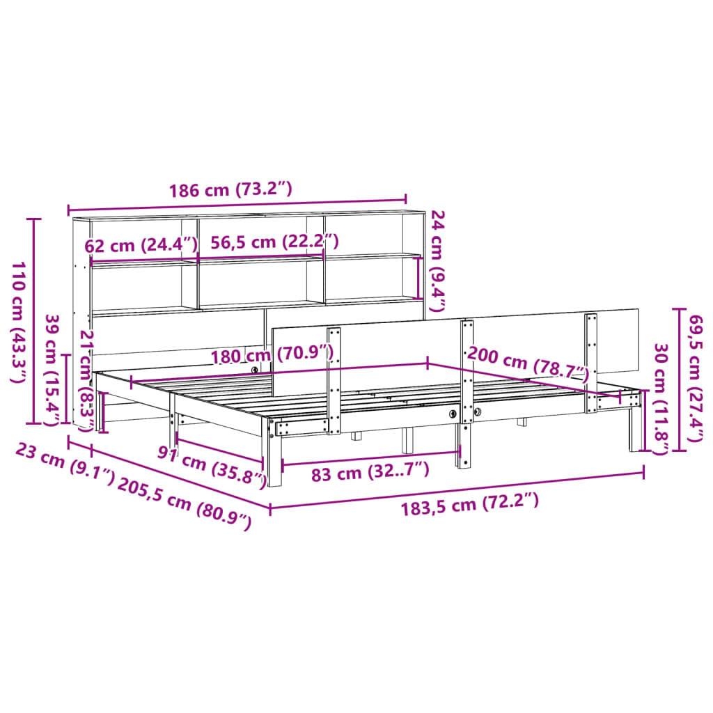 vidaXL Κρεβάτι Βιβλιοθήκη Χωρίς Στρώμα 180x200 εκ Μασίφ Ξύλο Πεύκου