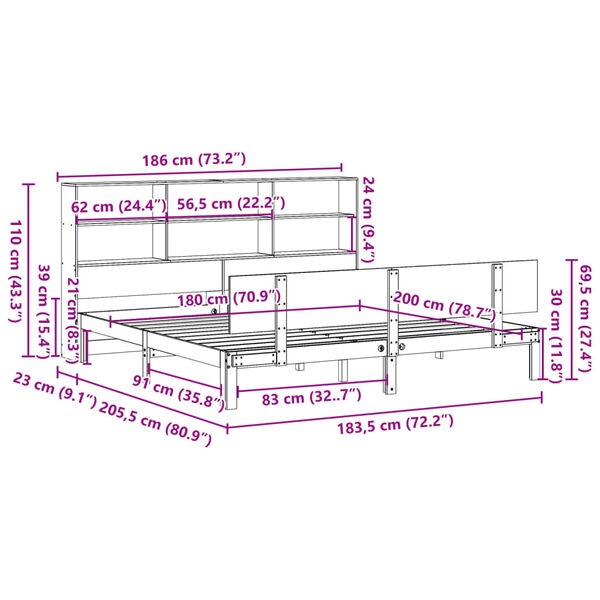 vidaXL Κρεβάτι Βιβλιοθήκη Χωρίς Στρώμα 180x200 εκ Μασίφ Ξύλο Πεύκου
