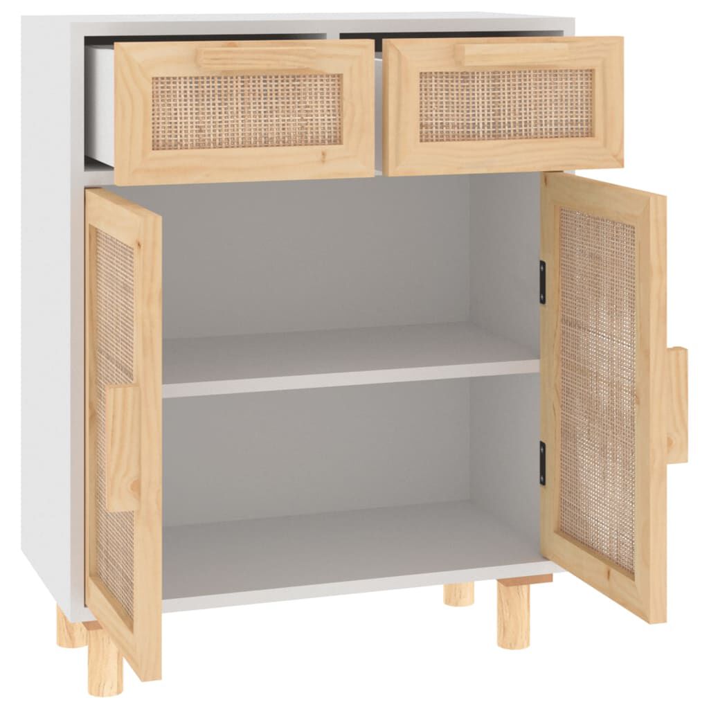 vidaXL Ντουλάπι Λευκό 60 x 30 x 75 εκ. Μασίφ Πεύκο & Φυσικό Ρατάν