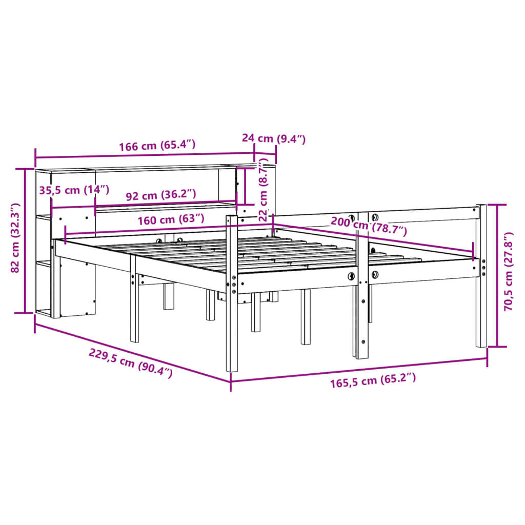 vidaXL Κρεβάτι Βιβλιοθήκη Χωρίς Στρώμα 160x200 εκ Μασίφ Ξύλο Πεύκου