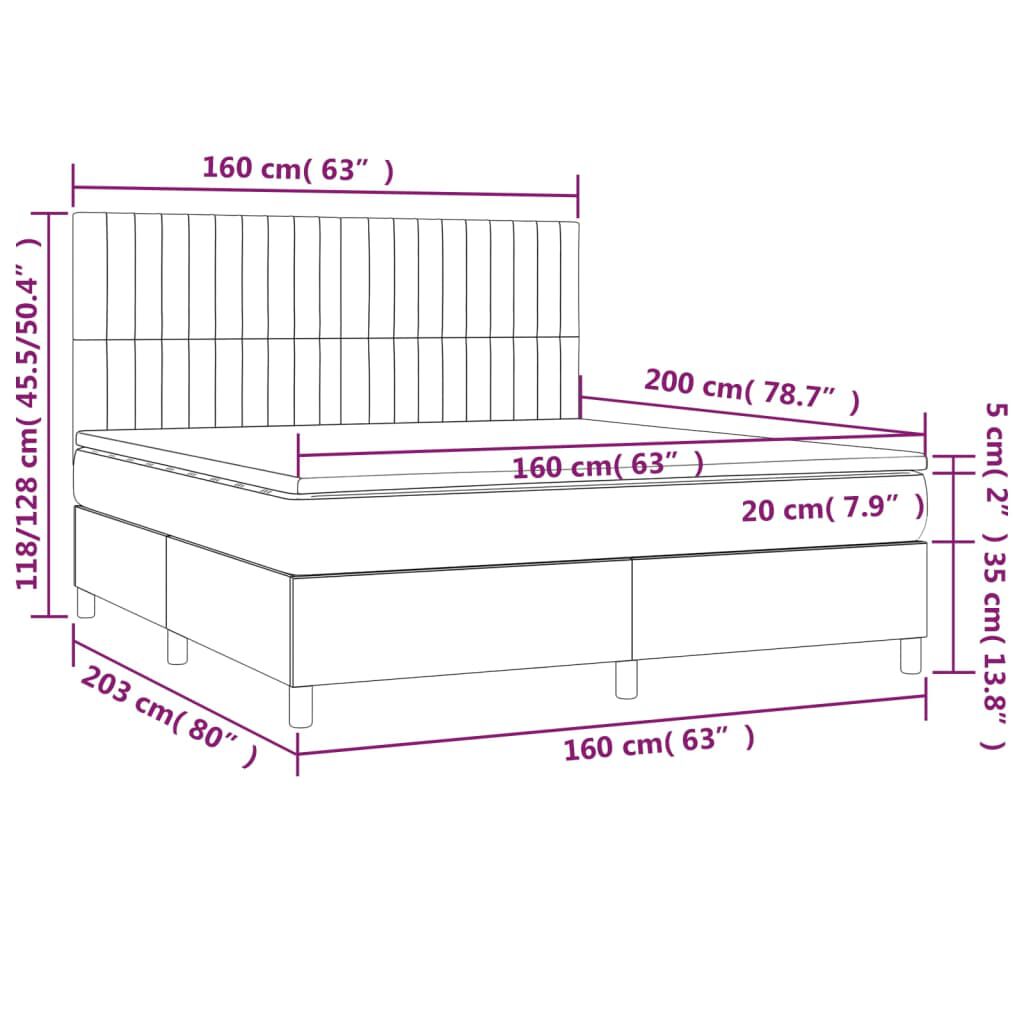 vidaXL Κρεβάτι Boxspring με Στρώμα & LED Σκ.Καφέ 160x200εκ. Υφασμάτινο