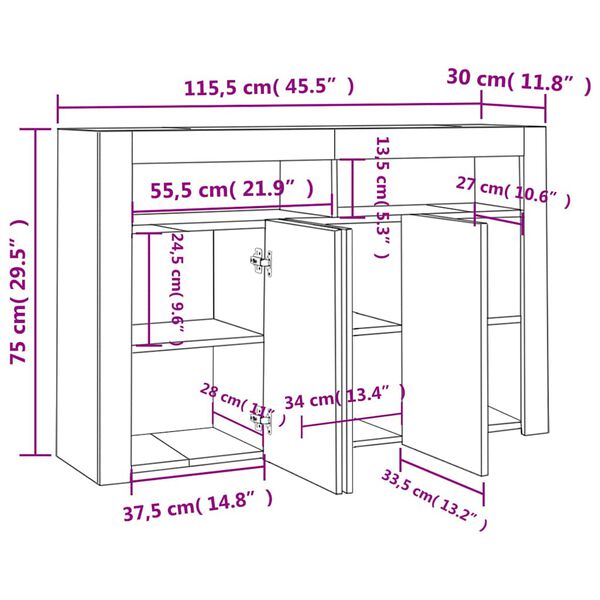 vidaXL Μπουφές με LED Γκρι Σκυροδέματος 115,5x30x75 εκ.