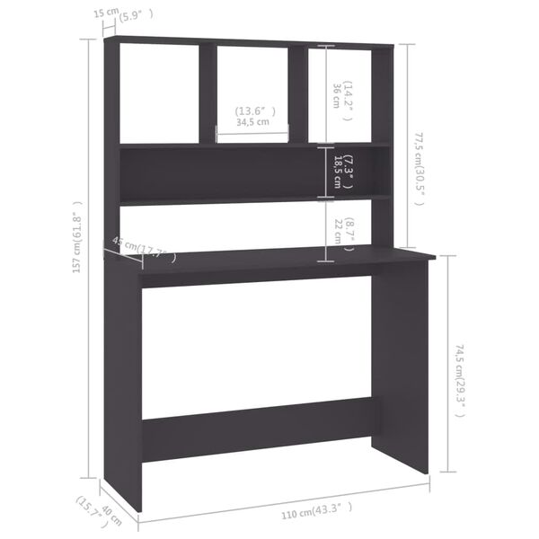 vidaXL Γραφείο με Ράφια Γκρι 110 x 45 x 157 εκ. από Μοριοσανίδα