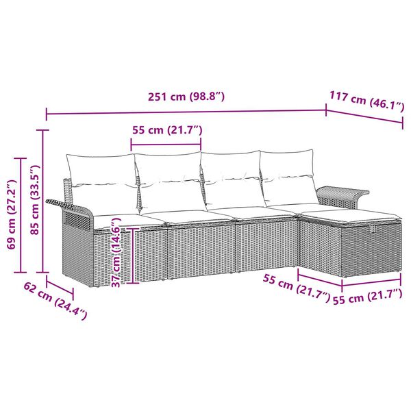 vidaXL Σετ Καναπέ Κήπου με μαξιλάρι 5 pcs Καφέ Πολυ ράταν