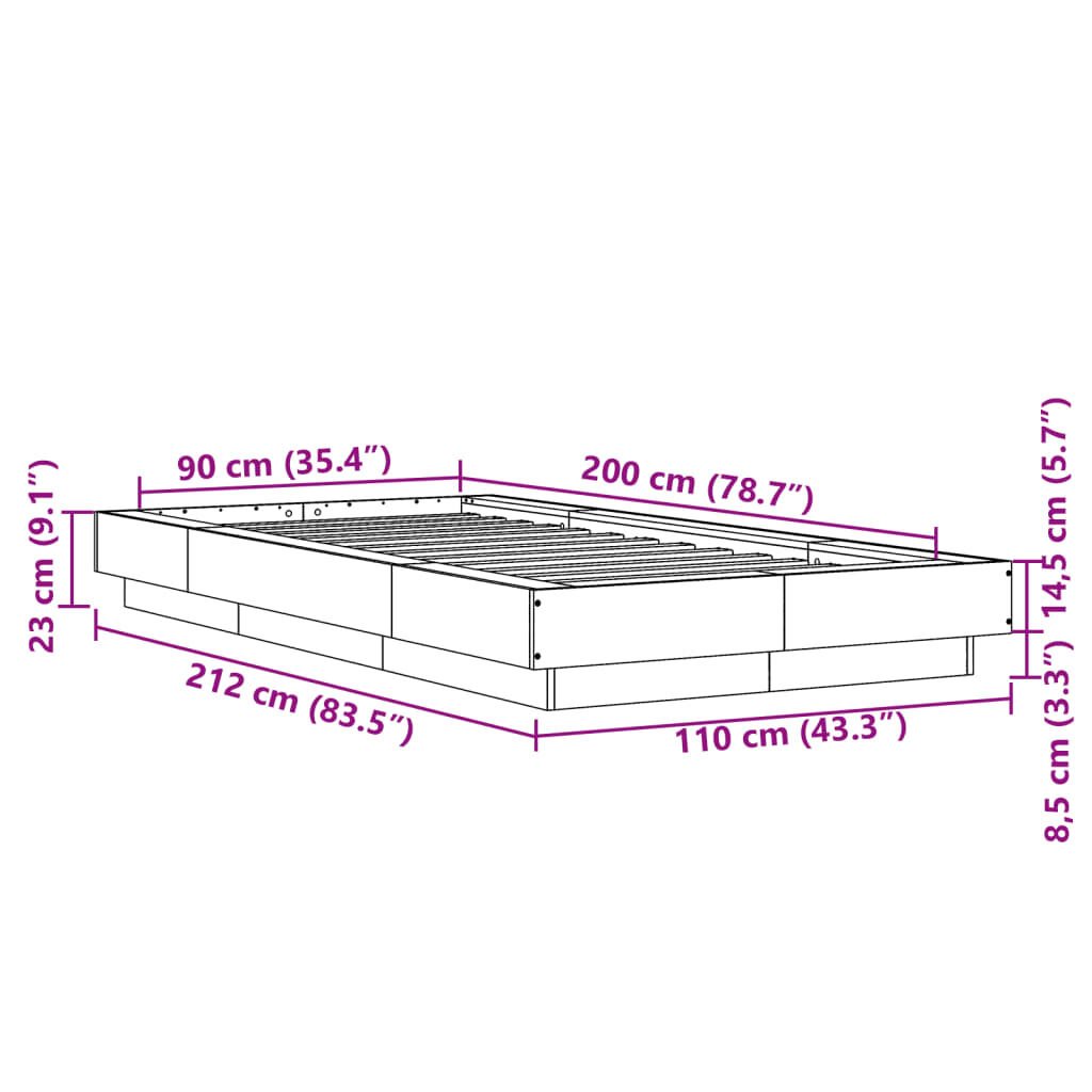 vidaXL Πλαίσιο Κρεβατιού Γκρι Sonoma 90x200 εκ. Επεξεργασμένο Ξύλο