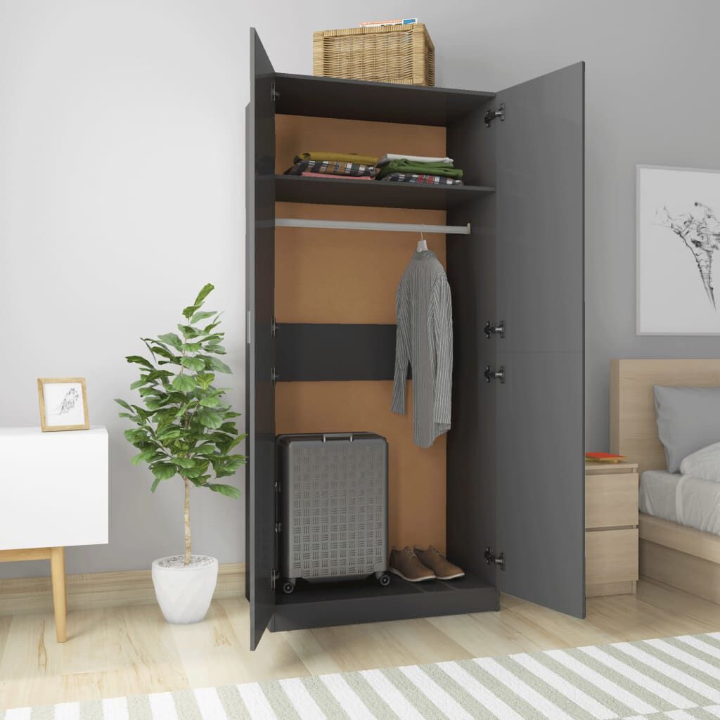 vidaXL Ντουλάπα Γυαλιστερό Γκρι 90 x 52 x 200 εκ. από Μοριοσανίδα
