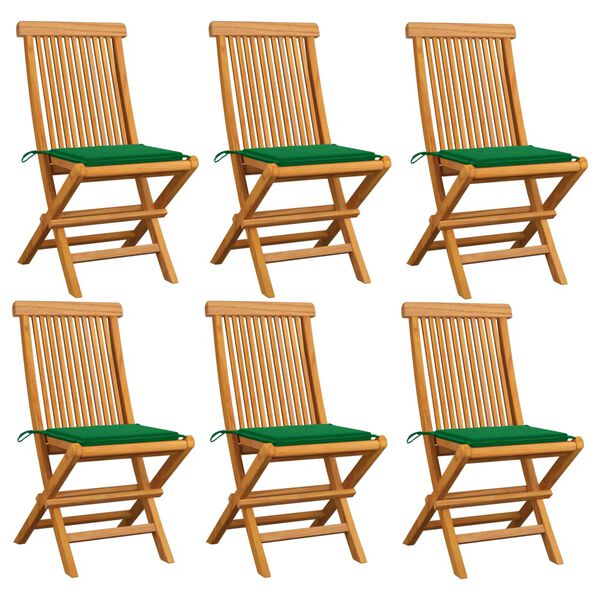 vidaXL Καρέκλες Κήπου 6 τεμ. από Μασίφ Ξύλο Teak με Πράσινα Μαξιλάρια