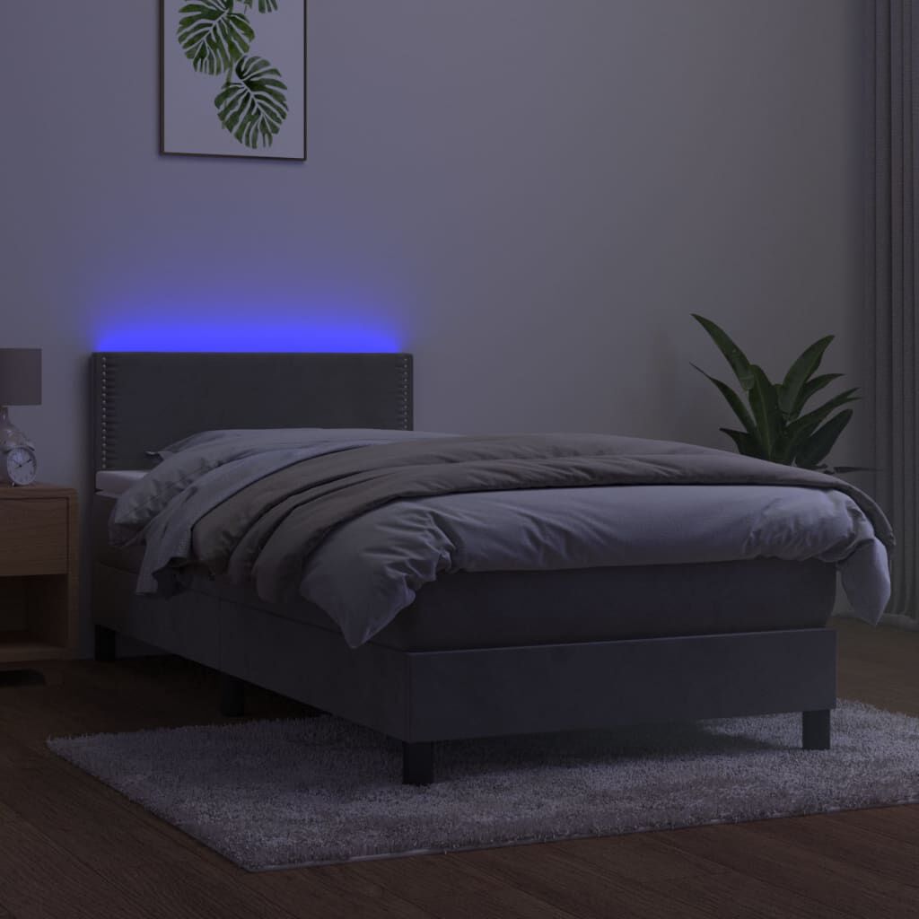 vidaXL Κρεβάτι Boxspring με Στρώμα & LED Αν.Γκρι 100x200 εκ. Βελούδινο