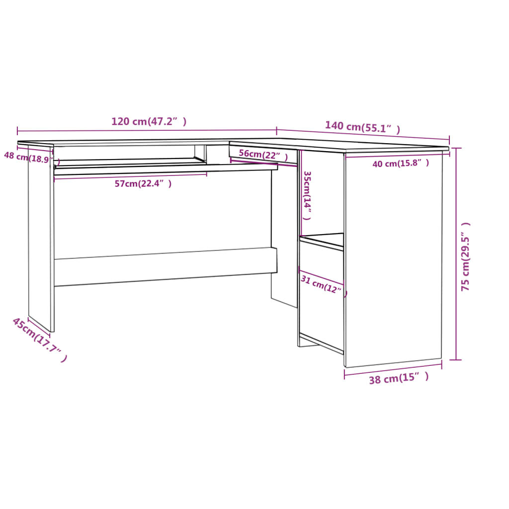 vidaXL Γραφείο Γωνιακό Γυαλιστερό Λευκό 120 x 140 x 75 εκ. Επεξ. Ξύλο