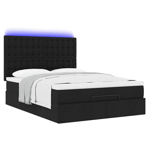 vidaXL Οθωμανικό κρεβάτι με στρώμα & LEDs Μαύρο 140x190 cm Ύφασμα