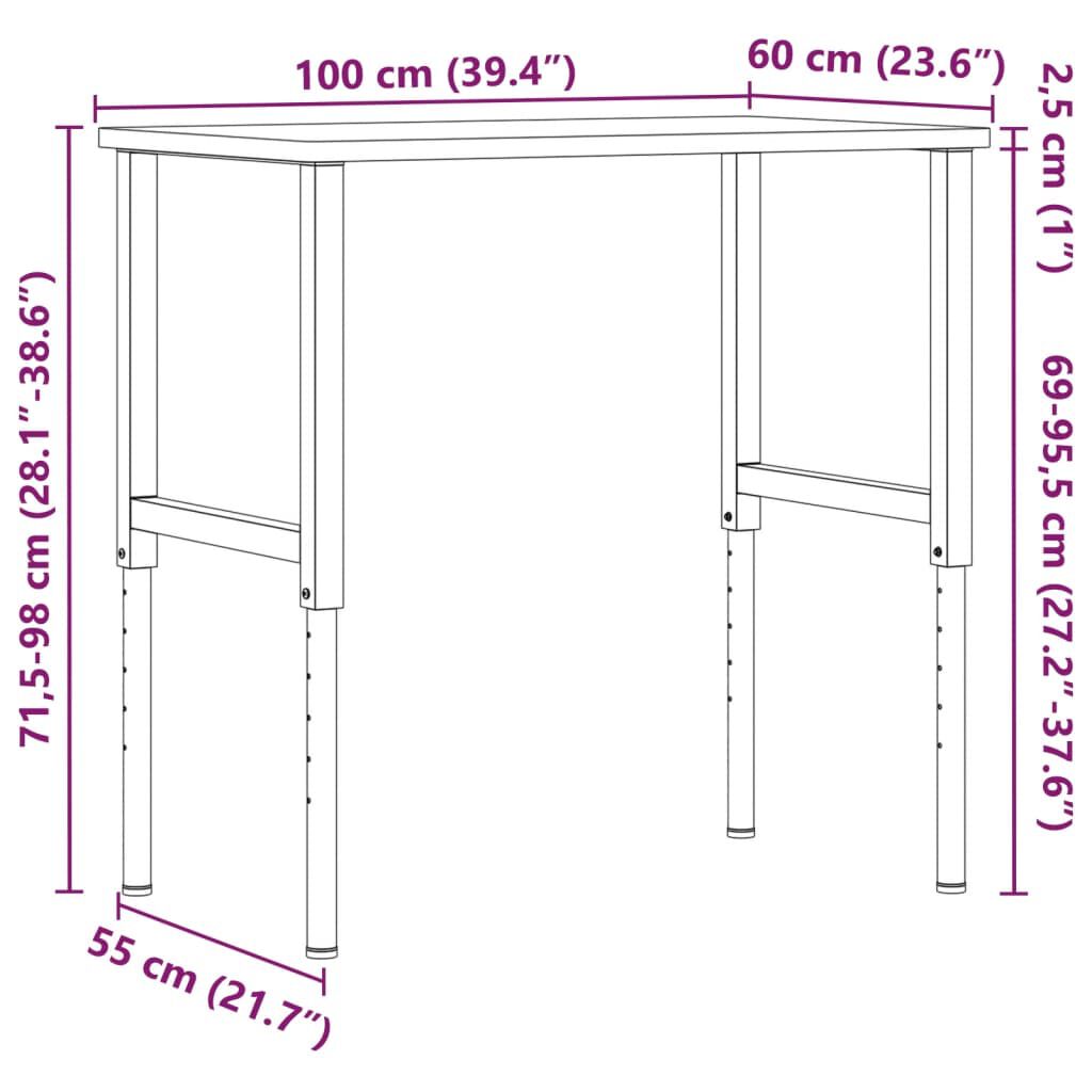vidaXL Πάγκος Εργασίας Ορθογώνιος 100x60x(71,5-98) εκ Μασίφ Ξύλο Δρυός