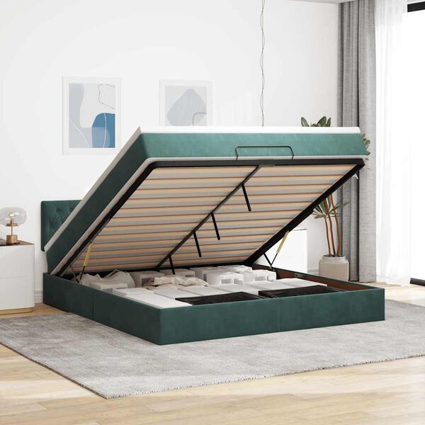 vidaXL Οθωμανικό κρεβάτι με στρώμα & LEDs Dark Green 160x200cm Velvet