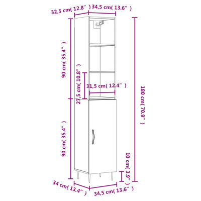 vidaXL Ντουλάπι Γυαλ. Λευκό 34,5 x 34 x 180 εκ. από Επεξεργασμένο Ξύλο