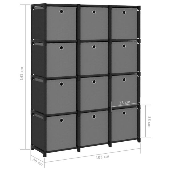 vidaXL Ραφιέρα με 12 Κύβους & Κουτιά Μαύρη 103x30x141 εκ. Υφασμάτινη