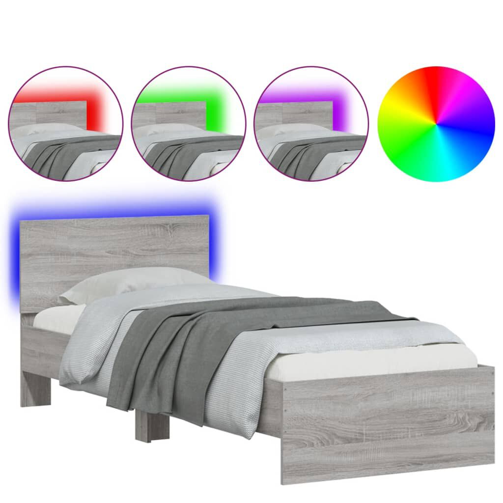 vidaXL Πλαίσιο Κρεβατιού με Κεφαλάρι και LED Γκρι sonoma 90 x 200 εκ.