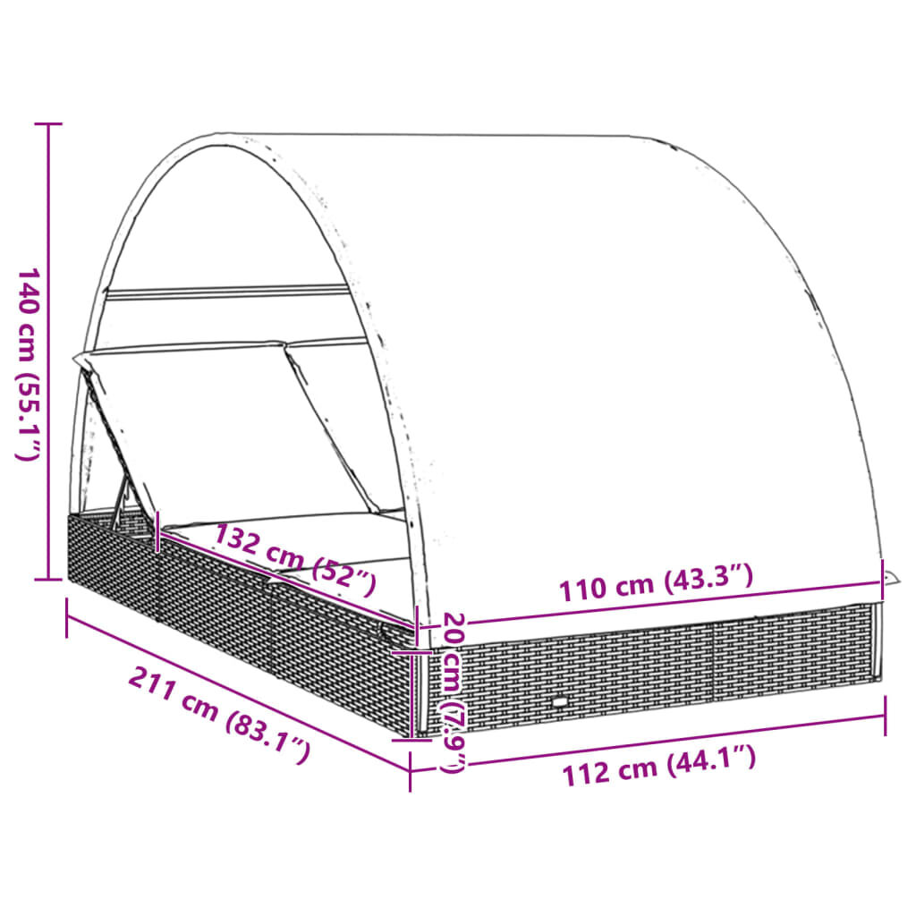 vidaXL Ξαπλώστρα 2 Ατόμων Στρογγ. Οροφή Γκρι 211x112x140εκ Συνθ. Ρατάν
