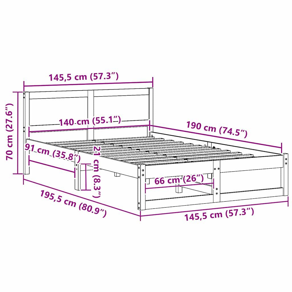 vidaXL Σκελετός Κρεβατιού Καφέ 140 x 190 cm Μασίφ ξύλο πεύκου