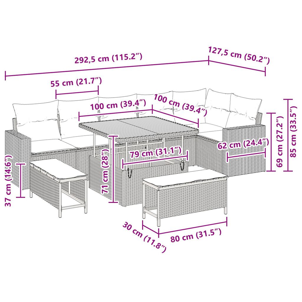 vidaXL Σετ Καναπέ Κήπου 9 pcs μπεζ και ανοιχτό γκρι 100 x 100 x 71 cm