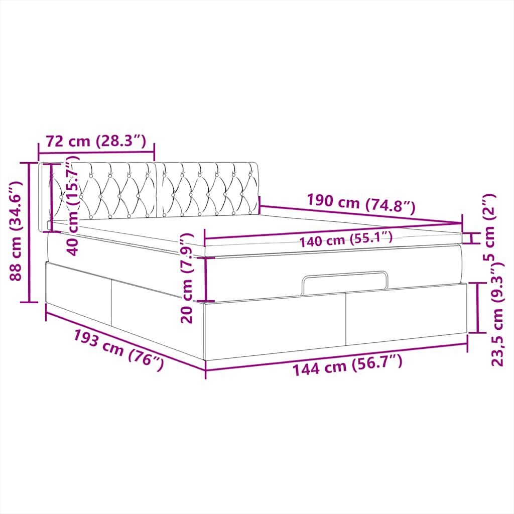vidaXL Οθωμανικό κρεβάτι με στρώμα & LEDs Σκούρο γκρι 140x190cm Ύφασμα