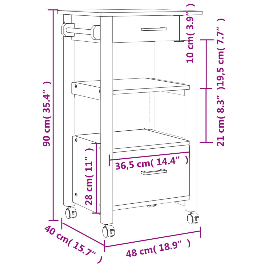 vidaXL Τρόλεϊ Κουζίνας MONZA 48x40x90 εκ. από Μασίφ Ξύλο Πεύκου