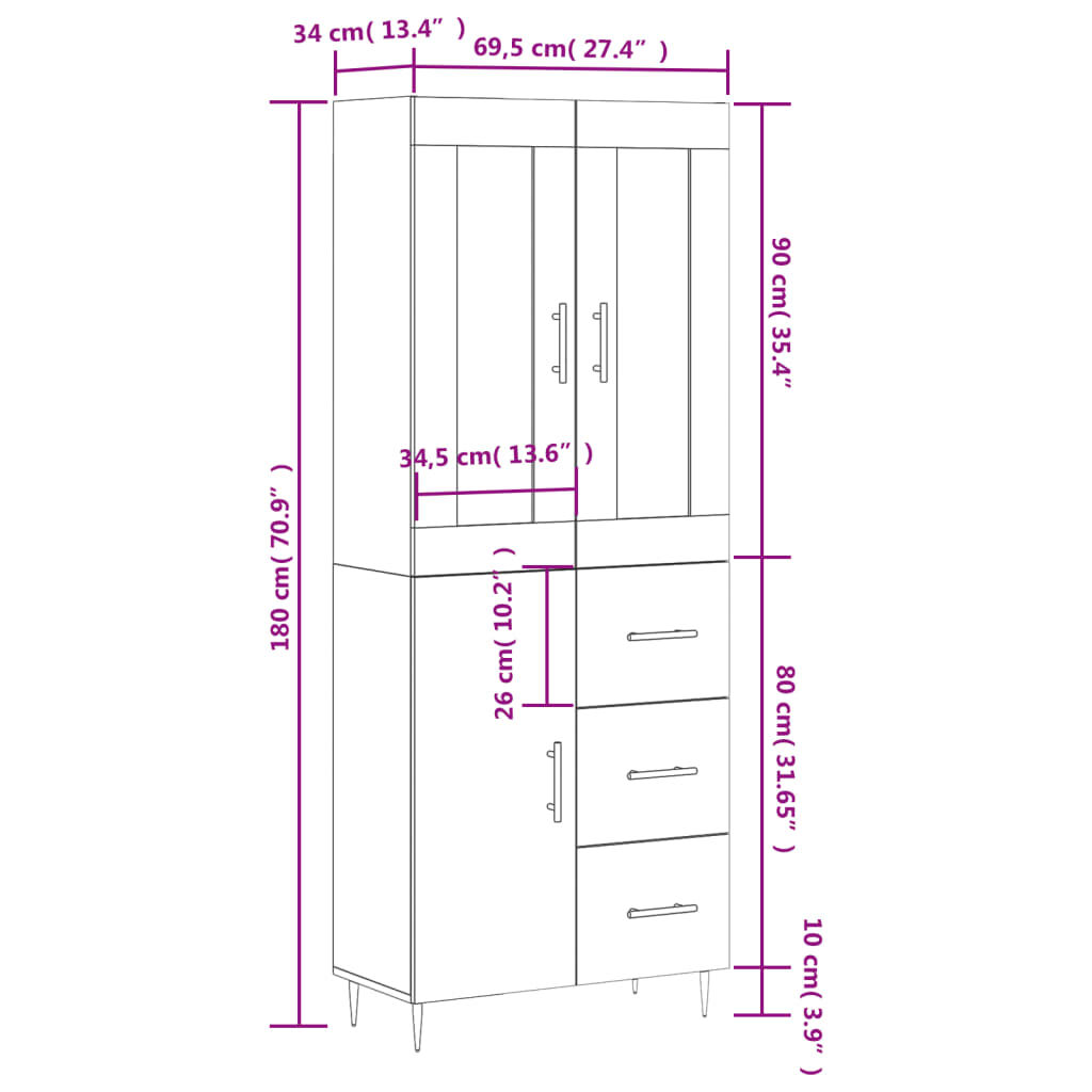 vidaXL Ντουλάπι Γκρι Sonoma 69,5 x 34 x 180 εκ. Επεξεργασμένο Ξύλο