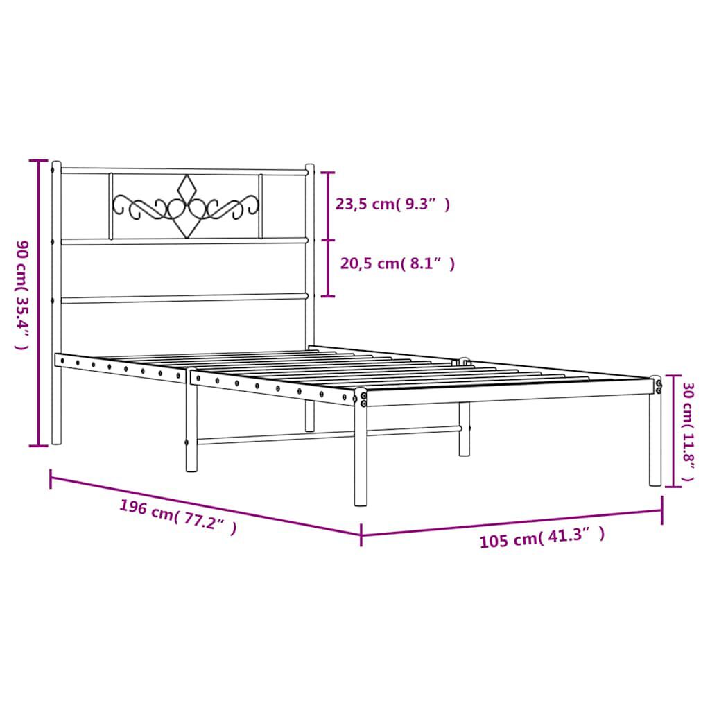 vidaXL Πλαίσιο Κρεβατιού με Κεφαλάρι Μαύρο 100 x 190 εκ. Μεταλλικό