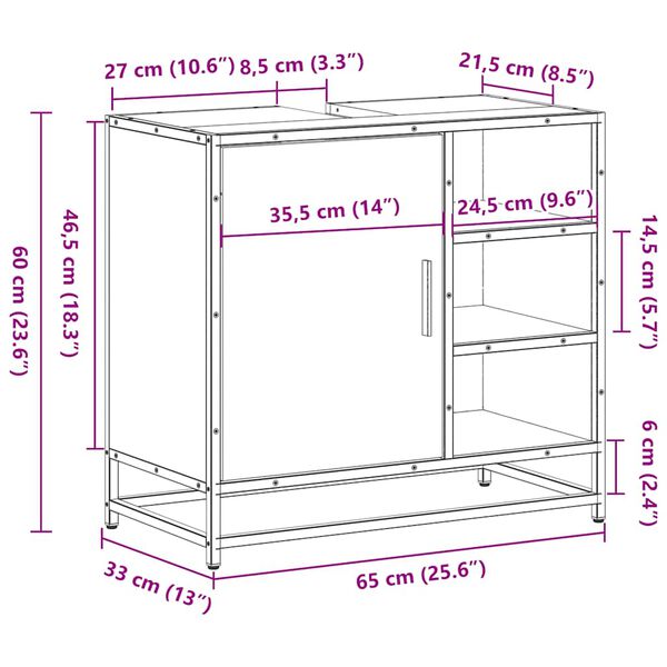vidaXL Ντουλάπι Νιπτήρα Μπάνιου Sonoma Δρυς 65x33x60 εκ. Επεξ. Ξύλο
