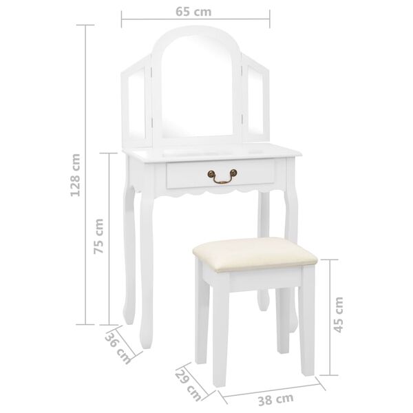 vidaXL Μπουντουάρ με Σκαμπό Λευκό 65x36x128 εκ. Ξύλο Παυλώνιας / MDF