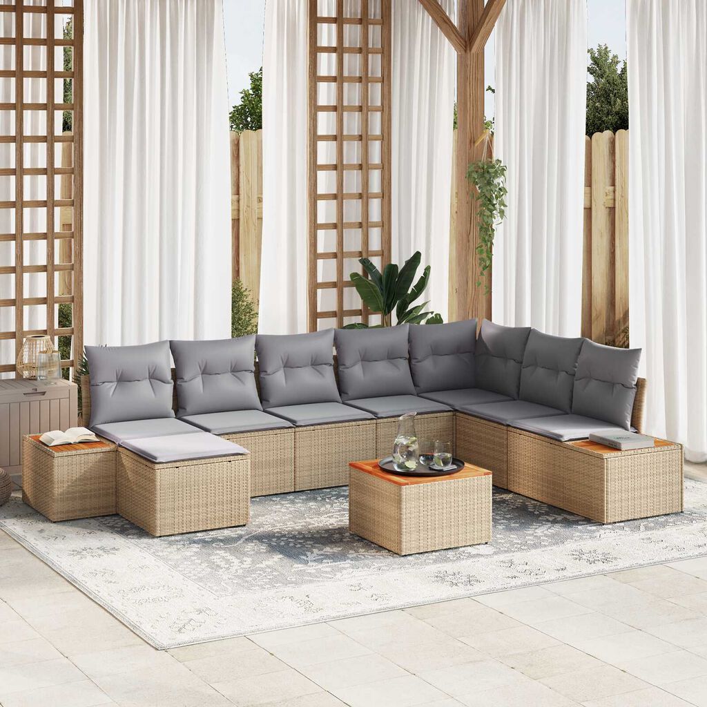 vidaXL Σετ Καναπέ Κήπου με μαξιλάρι 9 pcs Μπεζ Πολυ ράταν