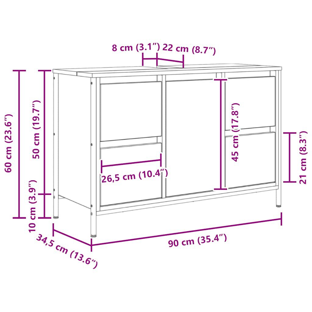 vidaXL ντουλάπι νιπτήρα με συρτάρια Μαύρη δρυς 90x34,5x60 εκ.