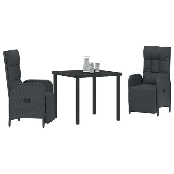 vidaXL Σέτ φαγητού για κήπο με μαξιλάρι 3 pcs Μαύρο Πολυ ράταν