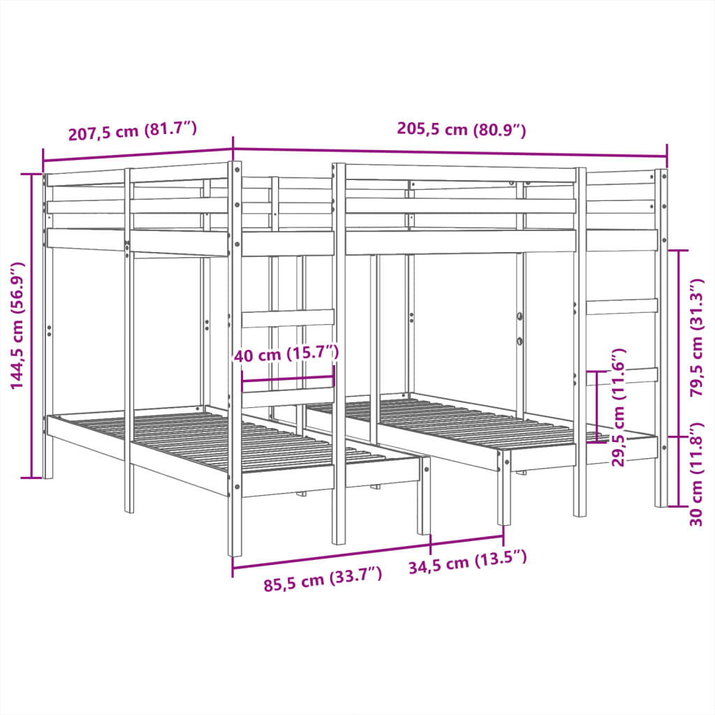 vidaXL Τριπλή Κουκέτα Καφέ Κεριού 200x200/80x200 εκ. Μασίφ Ξύλο Πεύκου