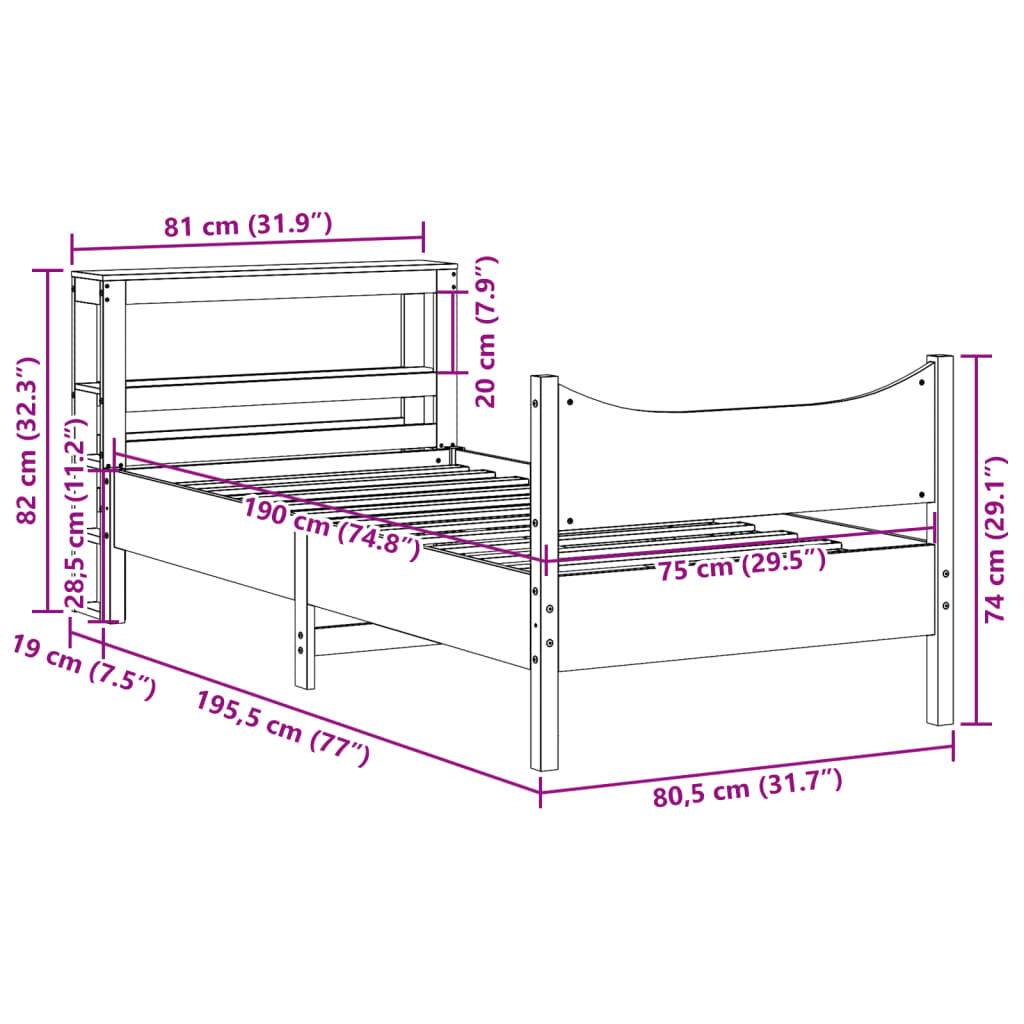 vidaXL Πλαίσιο Κρεβατιού Κεφαλάρι 75x190εκ. Μασίφ Πεύκο
