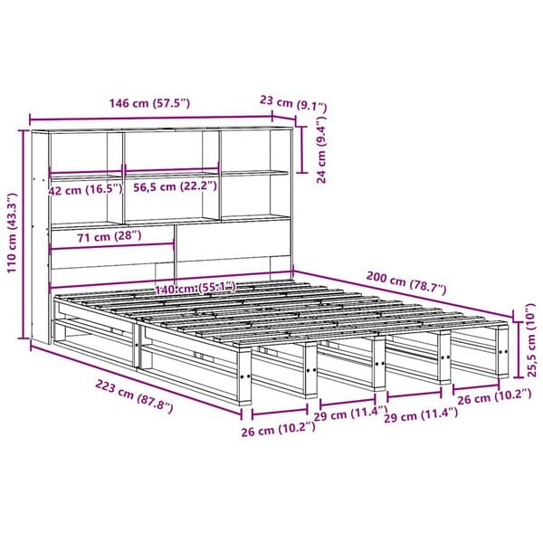 vidaXL Κρεβάτι Βιβλιοθήκη Χωρίς Στρώμα 140x200 εκ Μασίφ Πεύκο